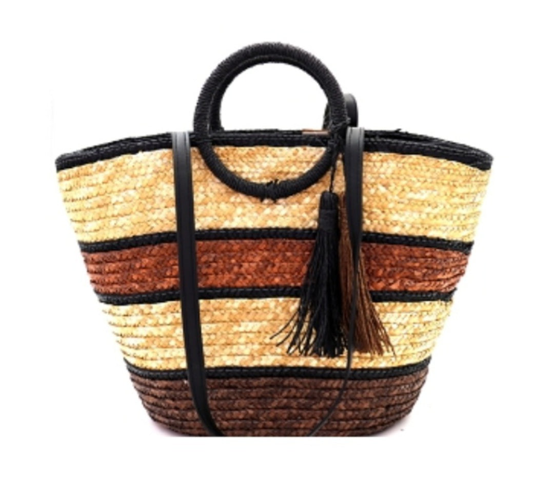 Striped Straw Round Handle 2 way Large Tote